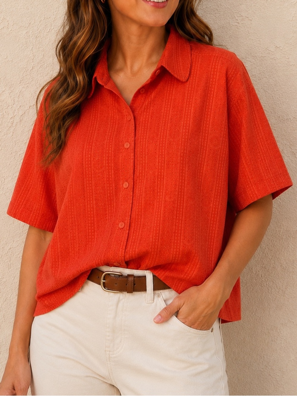 Carroll Reed Classics Coral Eyelet Button-Up Blouse Plus Size 22W